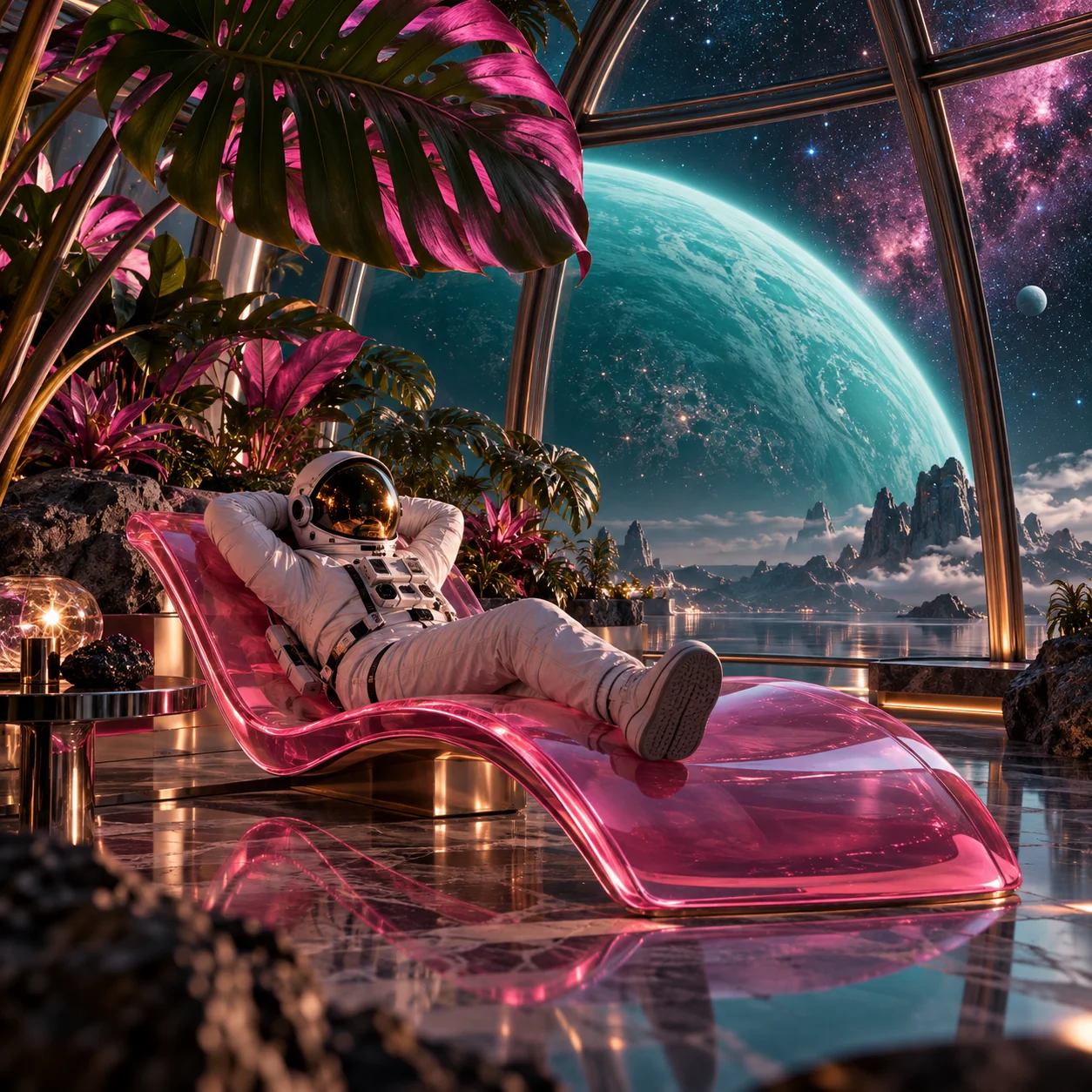Astronaut auf einer pinken Liege in einer Raumstation