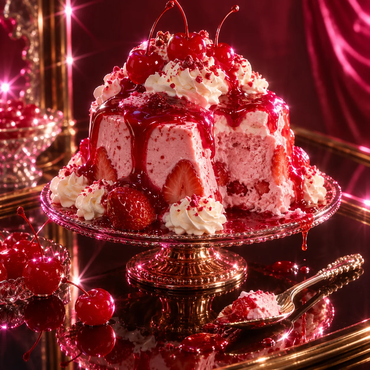 Opulenter rosa Erdbeernachtisch im Glamourstil der 1980er