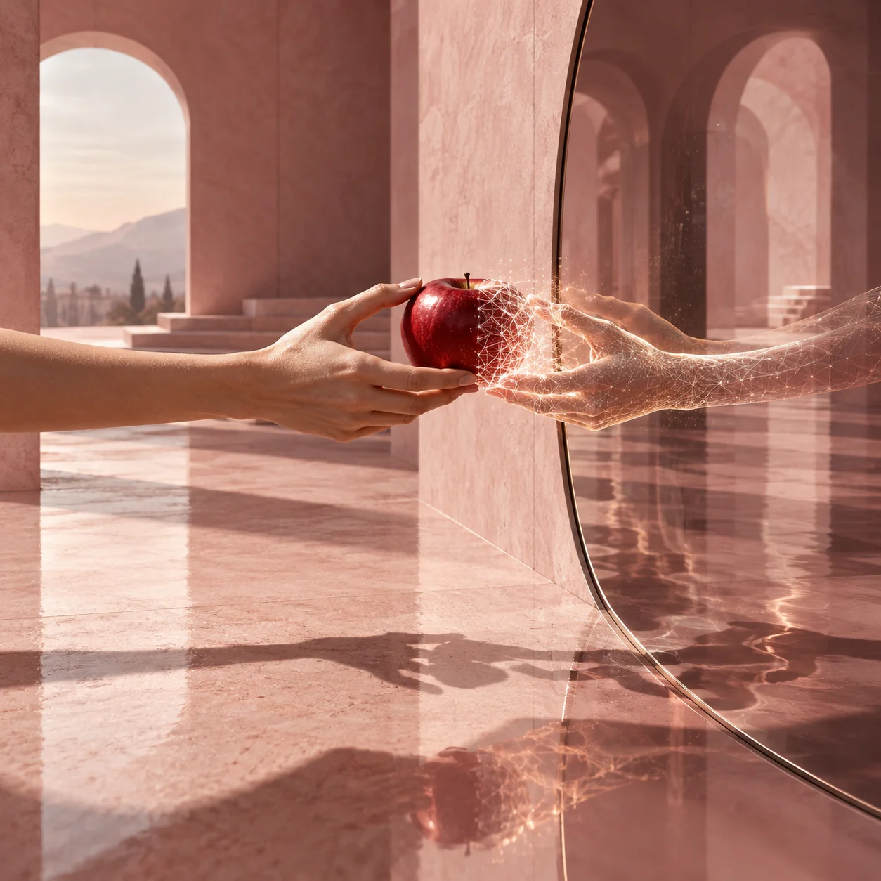 Ein Apfel geht zwischen einer echten und einer künstlichen Hand in digitale Geometrie über