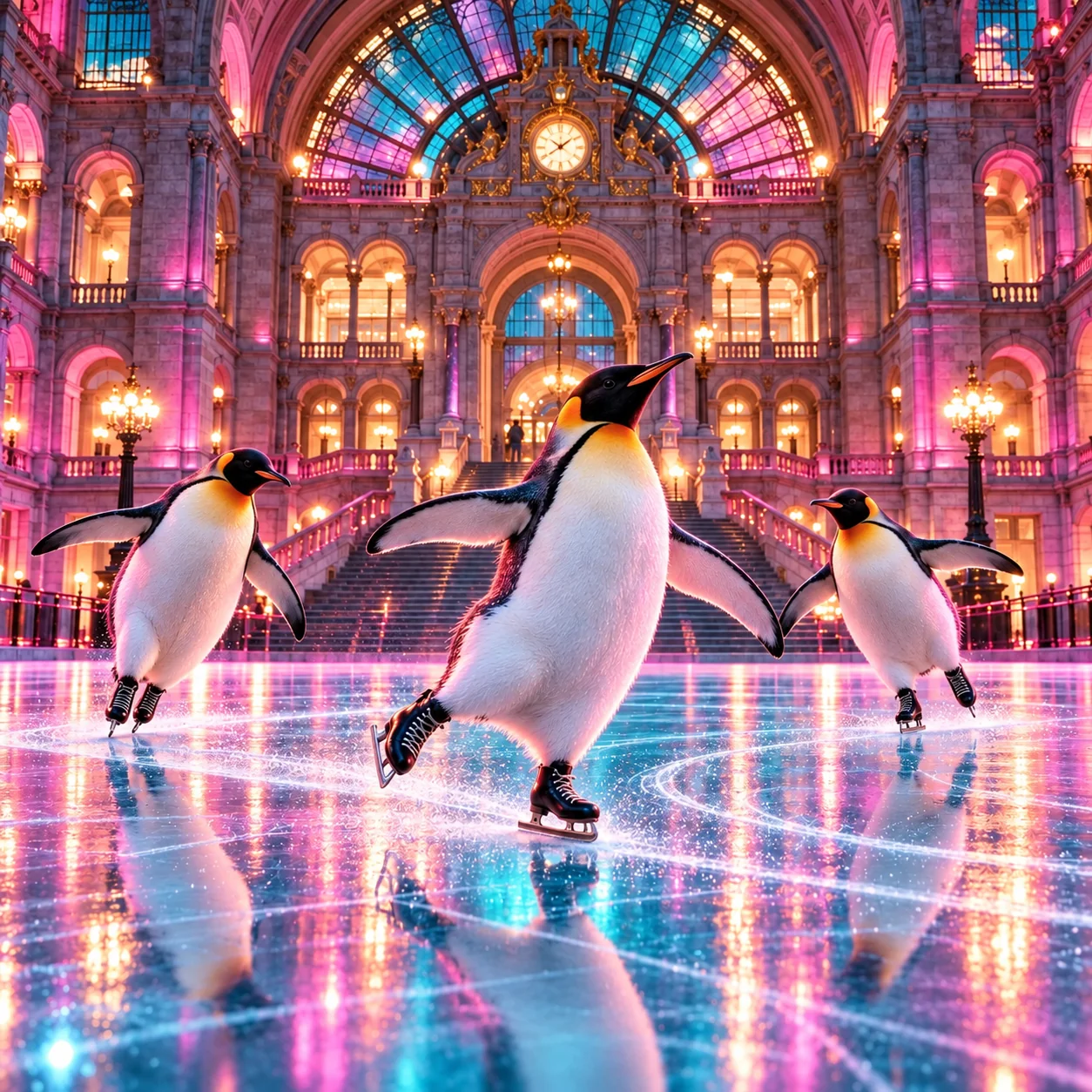 Drei Pinguine laufen auf Schlittschuhen im farbig beleuchteten Hauptbahnhof von Antwerpen